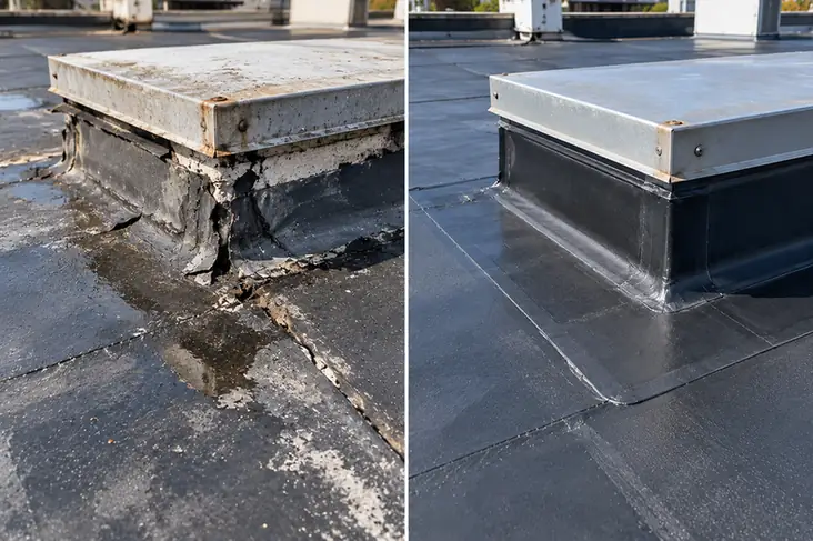 EPDM Roof Patch and Roof Hatch Flashing Repair Before and After