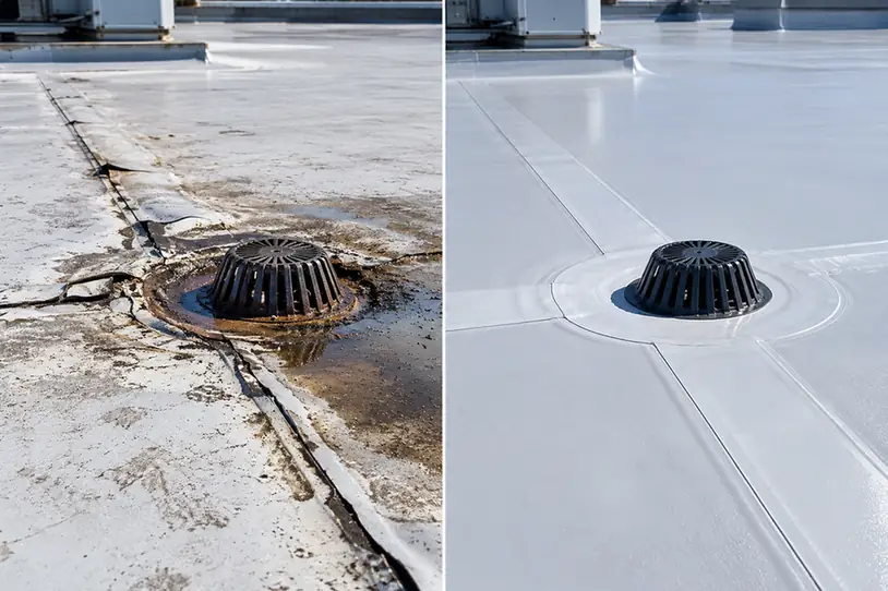 TPO Roof Seam Repair and Drain Resealing Before and After